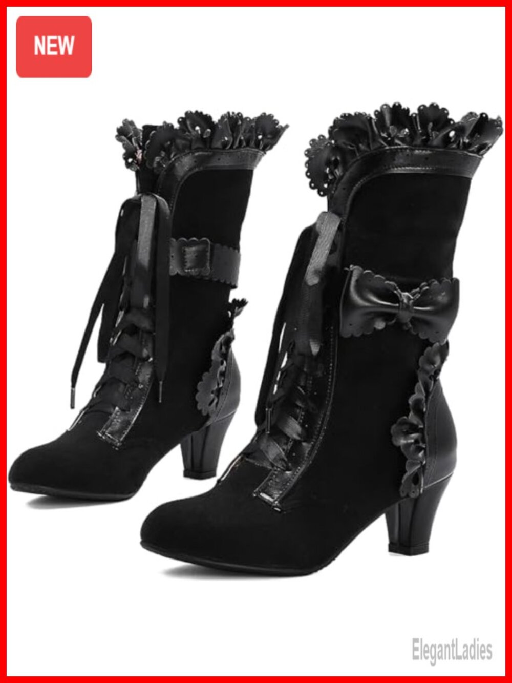 Faux Suede Mid-Calf Slouch Boots Mid Heel Lace Up Victorian Kawaii